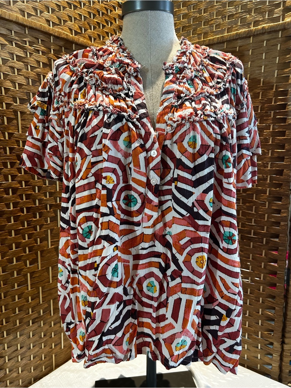 Maeve Anthropologie Textured Boho Blouse Ruffle Trim XL